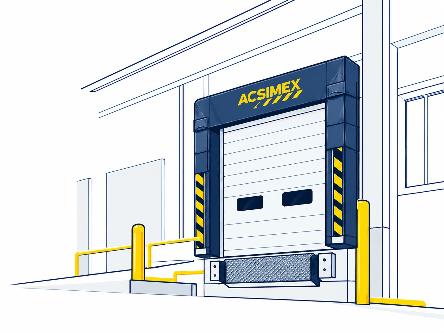 Ilustración de un andén industrial con sello azul ACSIMEX, puerta seccional y plataforma de carga